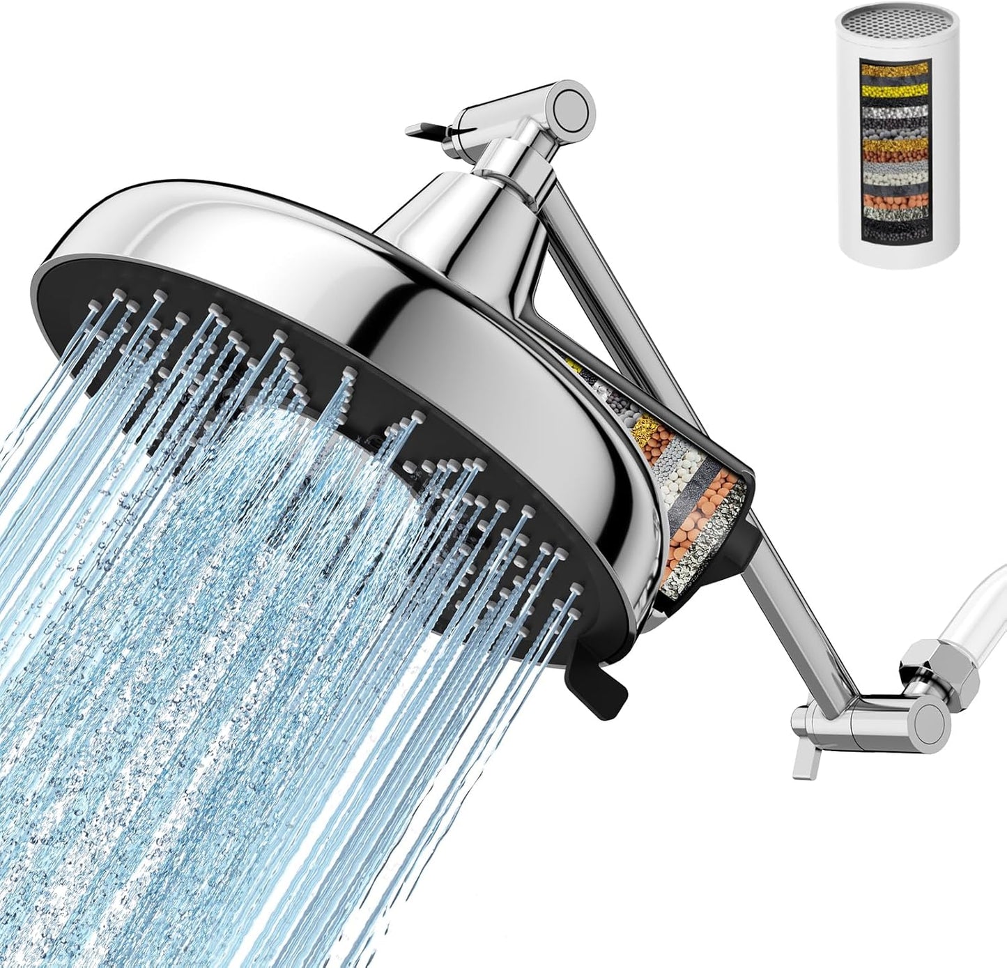 Filtered Shower Head with Extension Arm - EMBATHER 8 Inch Hign Output Showrhead with 3 Spray Settings, 18 Stage Filter for Hard Water, 11" Adjustable Arm, Brass Swivel Ball Jiont