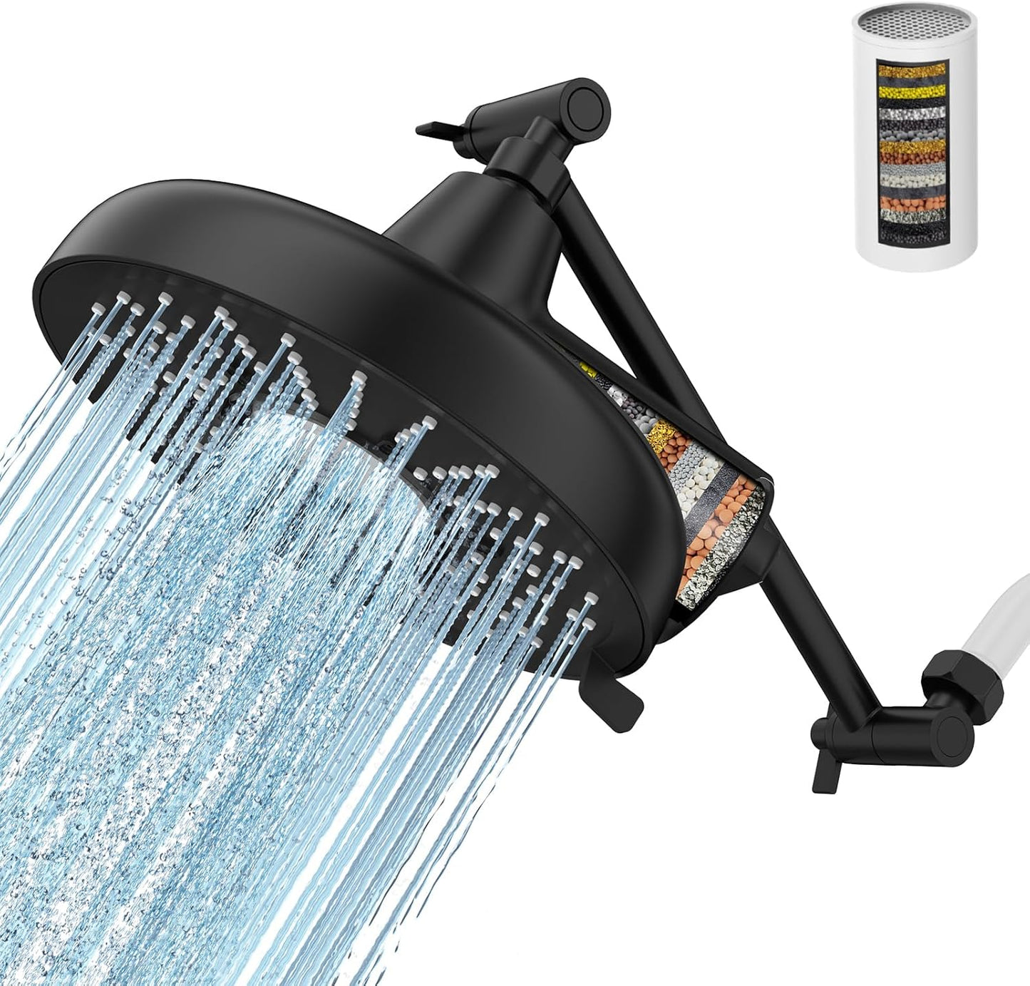 Filtered Shower Head with Extension Arm - EMBATHER 8 Inch Hign Output Showrhead with 3 Spray Settings, 18 Stage Filter for Hard Water, 11" Adjustable Arm, Brass Swivel Ball Jiont
