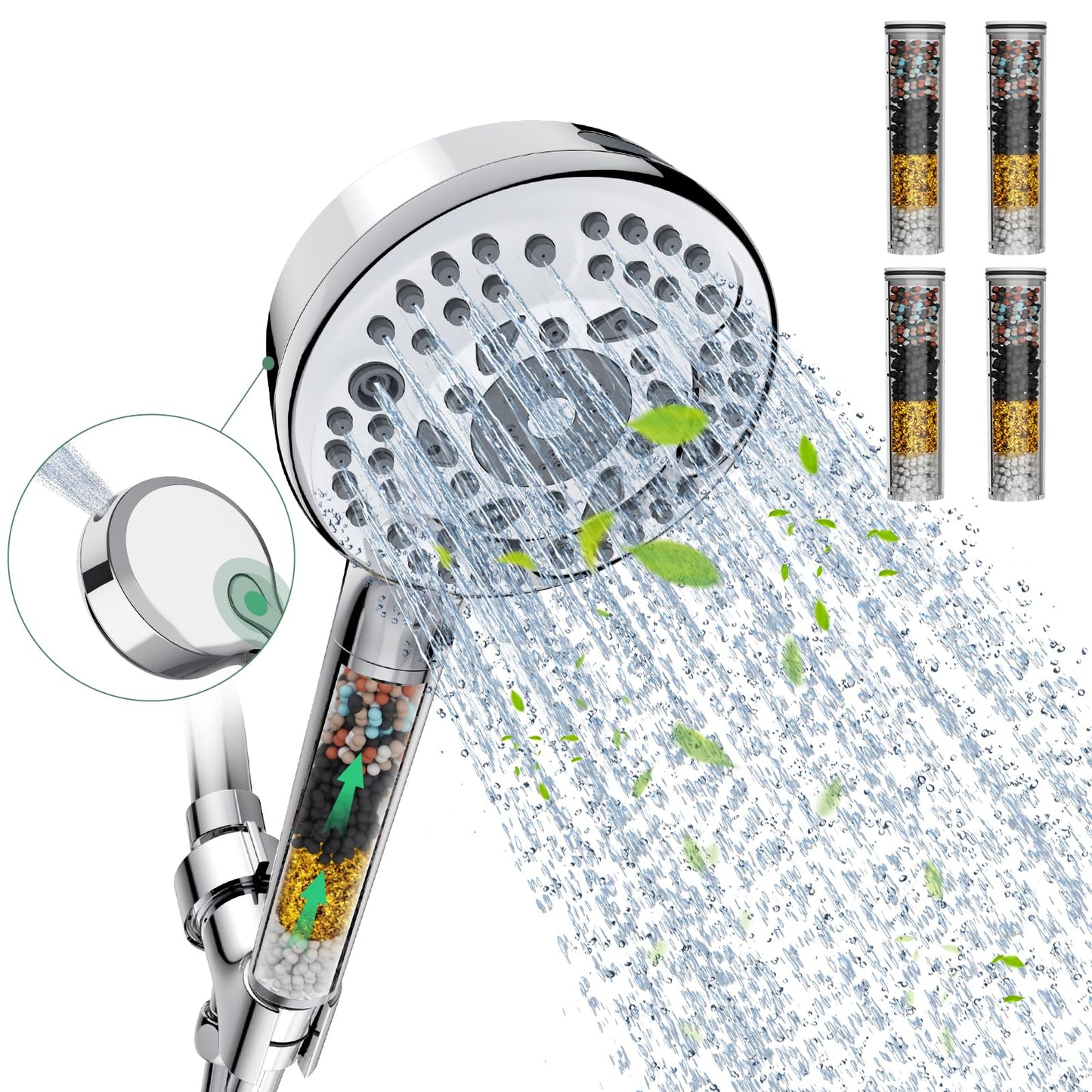 Filtered Shower Head with Handheld, 9-Spray Mode High Pressure Detachable Shower Head with Filters for Hard Water - Remove Chlorine (Chrome, 4 Filters)