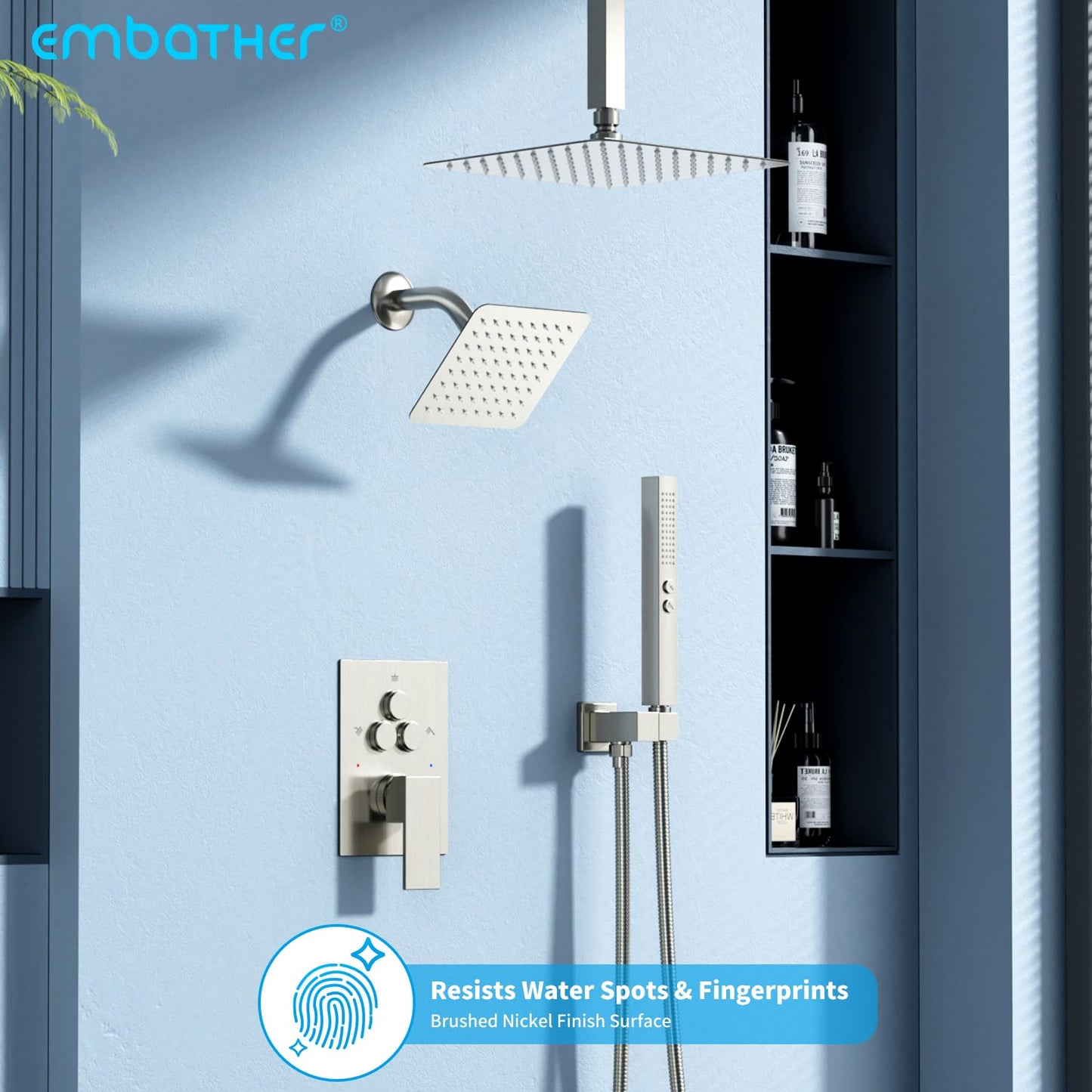 Shower Faucet Set Shower System - EMBATHER Push Button Diverter Dual Shower Faucet Valve Kit with Rain Ceiling Mount 10 Inch Shower Head 6 Inch Wall Mount, 2 in 1 Handheld for Couple