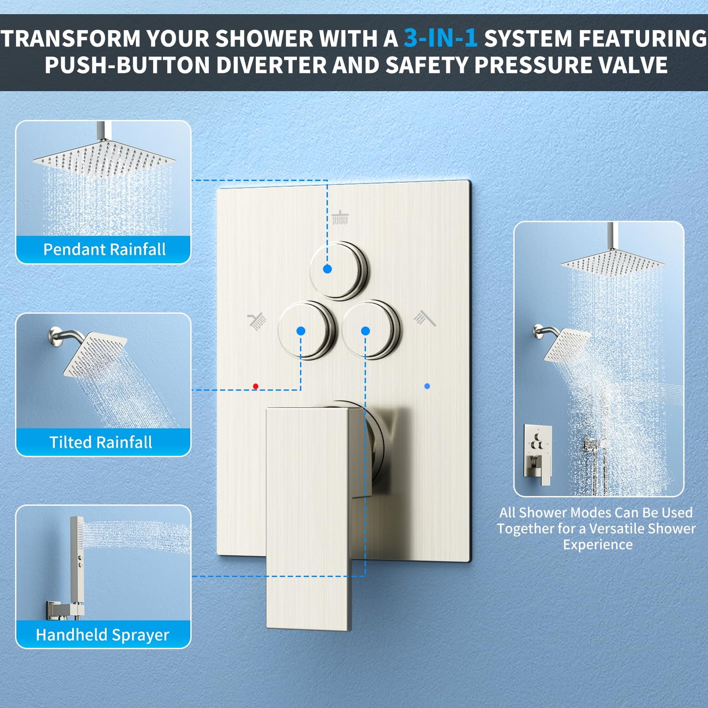Shower Faucet Set Shower System - EMBATHER Push Button Diverter Dual Shower Faucet Valve Kit with Rain Ceiling Mount 10 Inch Shower Head 6 Inch Wall Mount, 2 in 1 Handheld for Couple