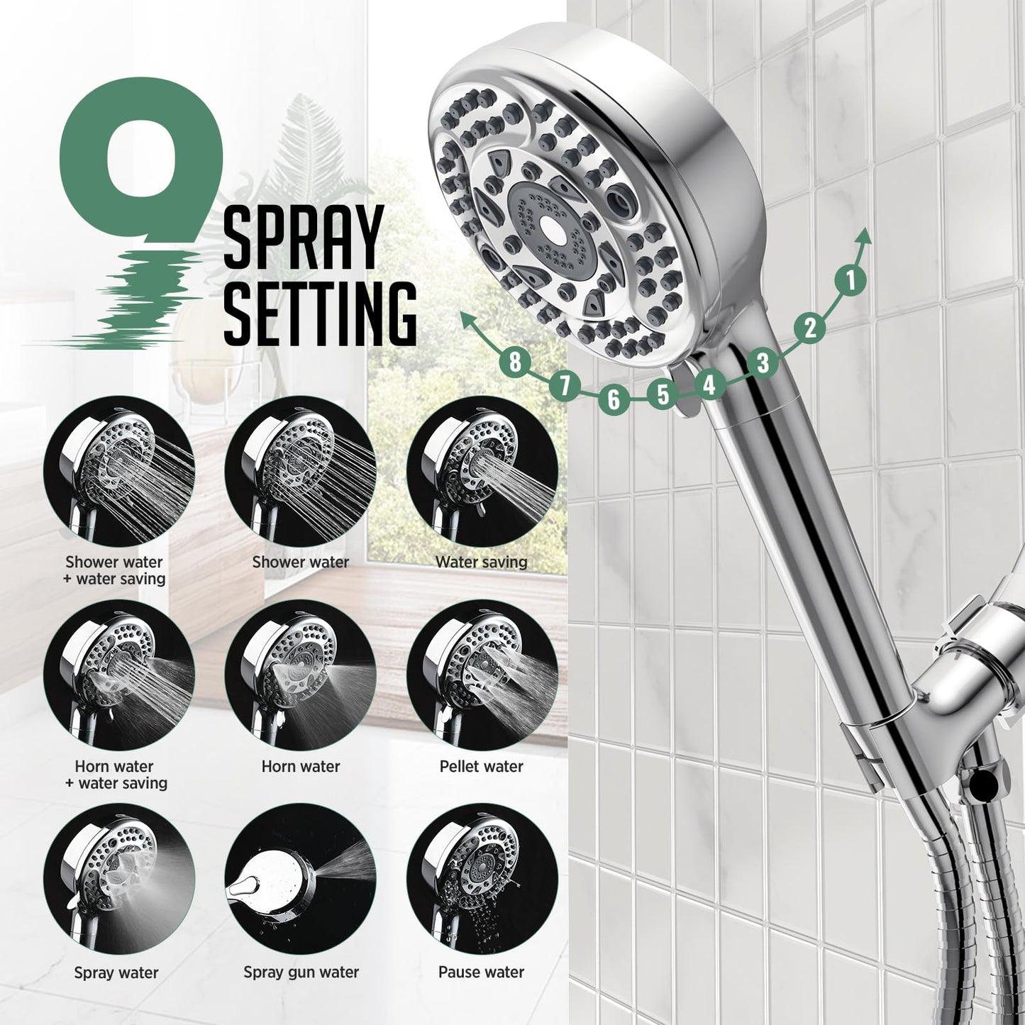 Filtered Shower Head with Handheld, 9-Spray Mode High Pressure Detachable Shower Head with Filters for Hard Water - Remove Chlorine (Chrome, 4 Filters)