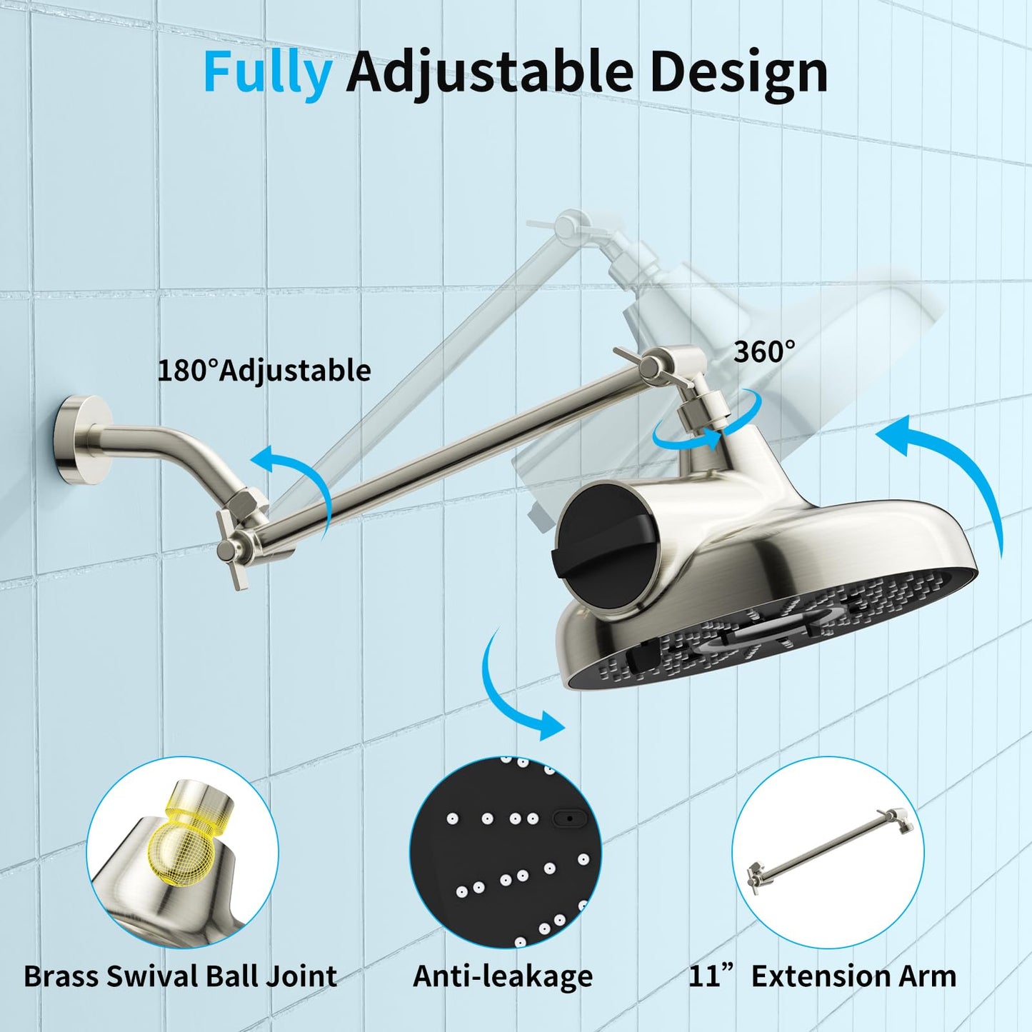 Filtered Shower Head with Extension Arm - EMBATHER 8 Inch Hign Output Showrhead with 3 Spray Settings, 18 Stage Filter for Hard Water, 11" Adjustable Arm, Brass Swivel Ball Jiont