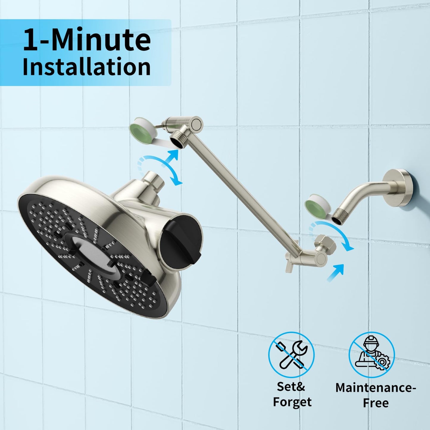 Filtered Shower Head with Extension Arm - EMBATHER 8 Inch Hign Output Showrhead with 3 Spray Settings, 18 Stage Filter for Hard Water, 11" Adjustable Arm, Brass Swivel Ball Jiont