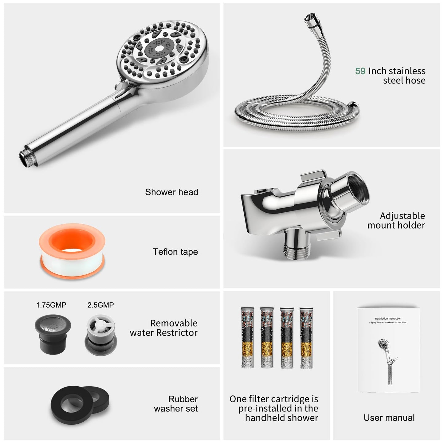 Filtered Shower Head with Handheld, 9-Spray Mode High Pressure Detachable Shower Head with Filters for Hard Water - Remove Chlorine (Chrome, 4 Filters)