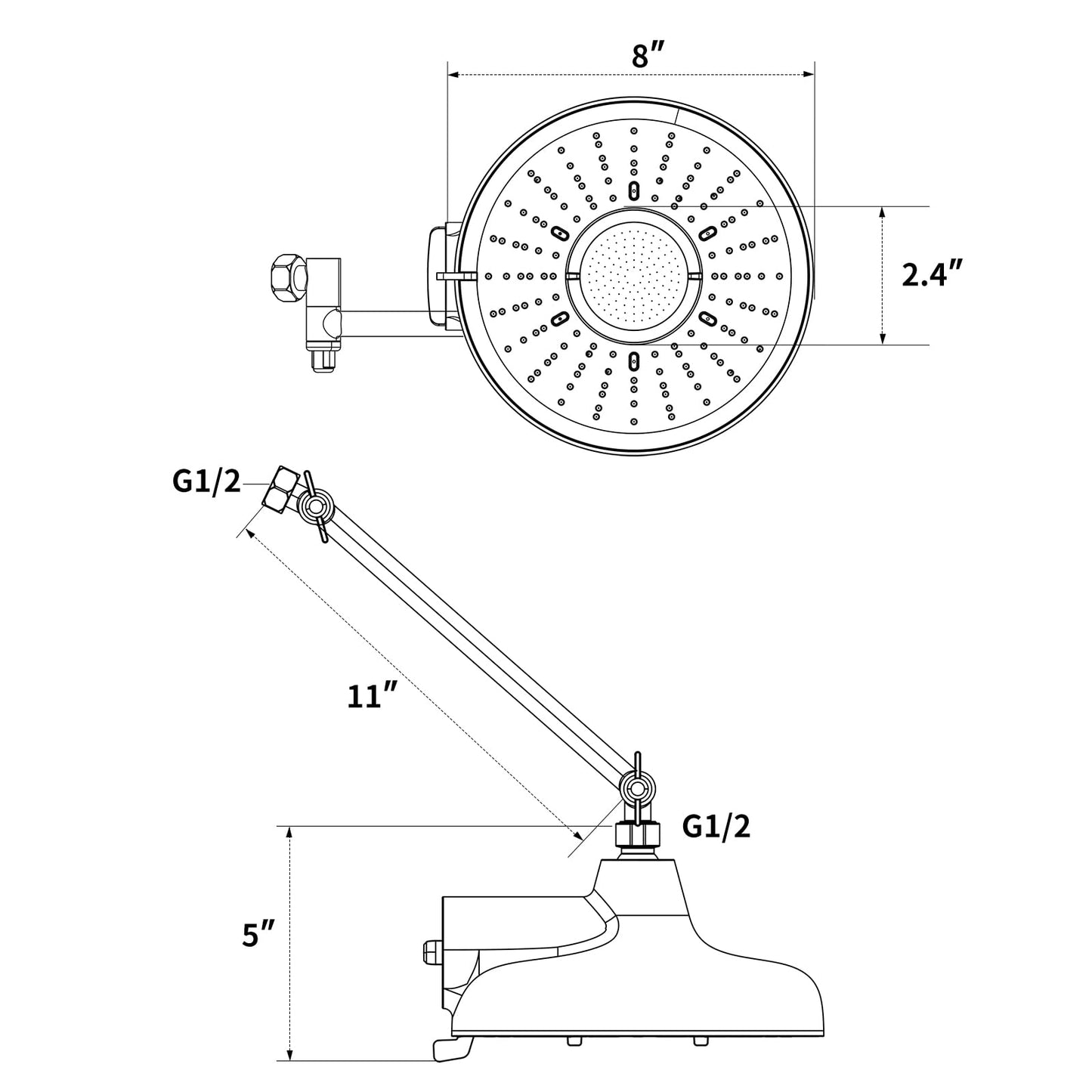 Filtered Shower Head with Extension Arm - EMBATHER 8 Inch Hign Output Showrhead with 3 Spray Settings, 18 Stage Filter for Hard Water, 11" Adjustable Arm, Brass Swivel Ball Jiont