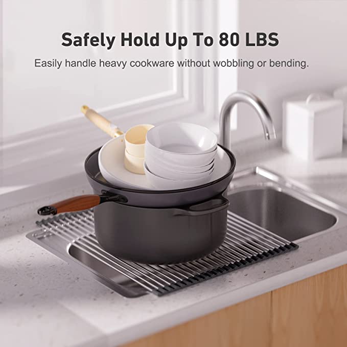 EMBATHER 20.8'' x 18.1'' Roll Up Dish Drying Rack Over The Sink, Dish Drying Rack for Kitchen Counter, Multipurpose Stainless Steel Foldable Kitchen Drainer Rack with Anti-Slip Silicone, Black
