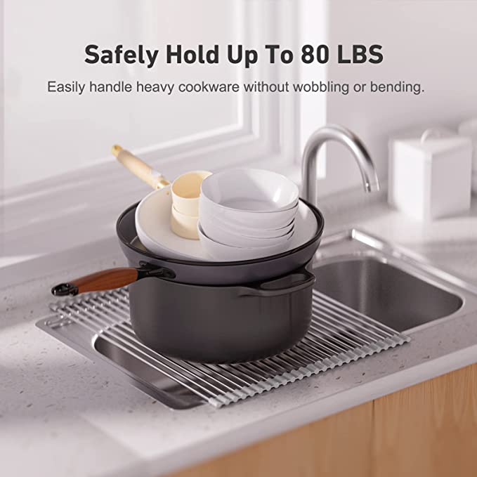 EMBATHER 20.8'' x 13.4'' Roll Up Dish Drying Rack Over The Sink, Dish Drying Rack for Kitchen Counter, Multipurpose Stainless Steel Foldable Kitchen Drainer Rack with Anti-Slip Silicone, Gray