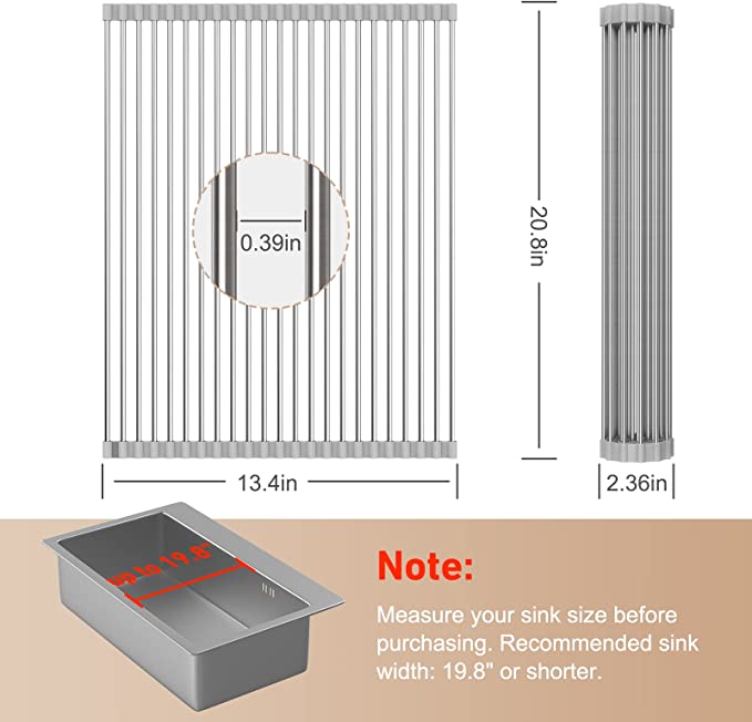EMBATHER 20.8'' x 13.4'' Roll Up Dish Drying Rack Over The Sink, Dish Drying Rack for Kitchen Counter, Multipurpose Stainless Steel Foldable Kitchen Drainer Rack with Anti-Slip Silicone, Gray
