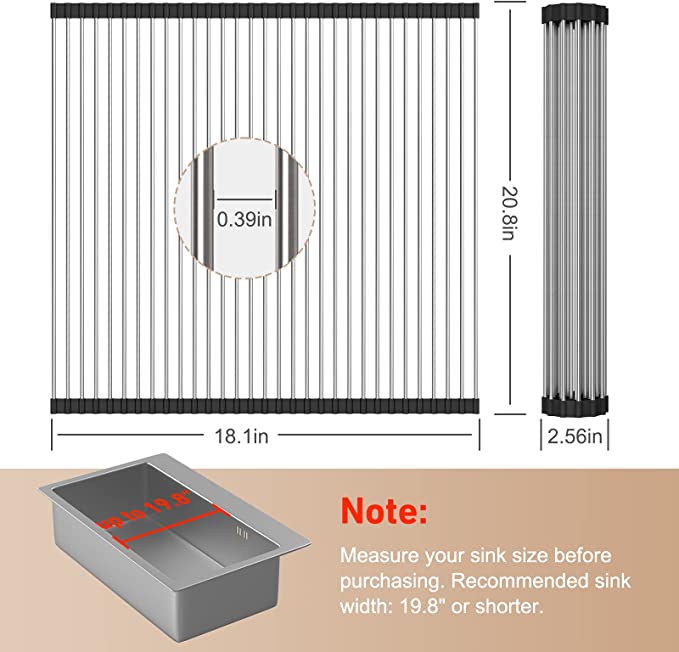 EMBATHER 20.8'' x 18.1'' Roll Up Dish Drying Rack Over The Sink, Dish Drying Rack for Kitchen Counter, Multipurpose Stainless Steel Foldable Kitchen Drainer Rack with Anti-Slip Silicone, Black
