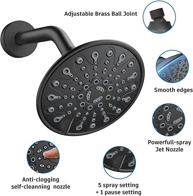 EMBATHER Shower Faucet with Valve, Shower Faucets Sets Complete with 6 Spray Touch-Clean Shower Head, Single Function Shower Trim Kit, Matte Black