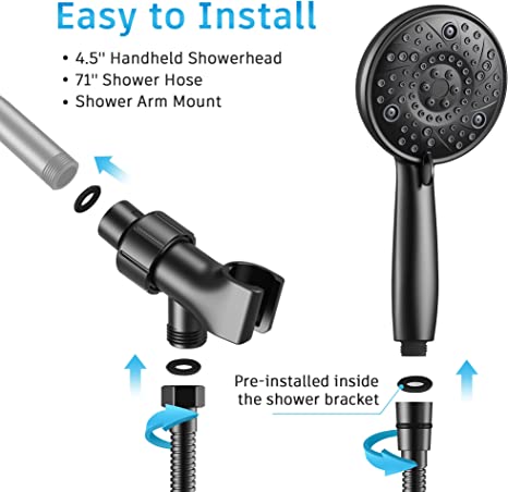 EMBATHER High Pressure Shower Head, 8 Function Shower Head with Shower Spray, 4.7 Inch Handheld Showerhead with 71 Inch Stainless Steel Hose and Adjustable Bracket for Bathroom,Black