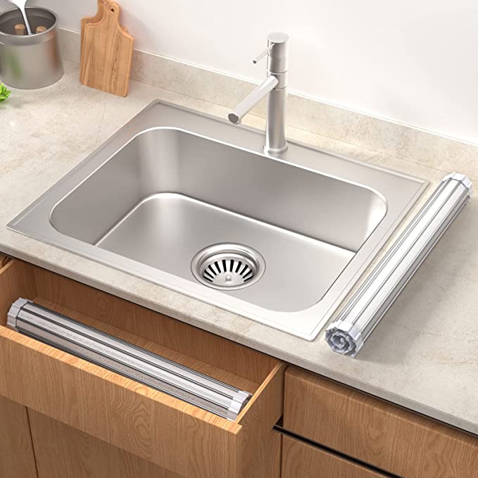 EMBATHER Roll Up Dish Drying Rack Over The Sink, 17.8'' x 11.8'' Dish Drying Rack for Kitchen Counter, Multipurpose Stainless Steel Foldable Kitchen Drainer Rack with Silicone Mat, Anti-Slip, Gray