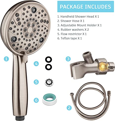 EMBATHER High Pressure Shower Head, 8 Function Shower Head with Shower Spray, 4.7 Inch Handheld Showerhead with 71 Inch Stainless Steel Hose and Adjustable Bracket for Bathroom, Brushed Nickel