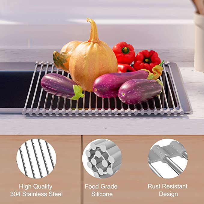 EMBATHER 20.8'' x 13.4'' Roll Up Dish Drying Rack Over The Sink, Dish Drying Rack for Kitchen Counter, Multipurpose Stainless Steel Foldable Kitchen Drainer Rack with Anti-Slip Silicone, Gray
