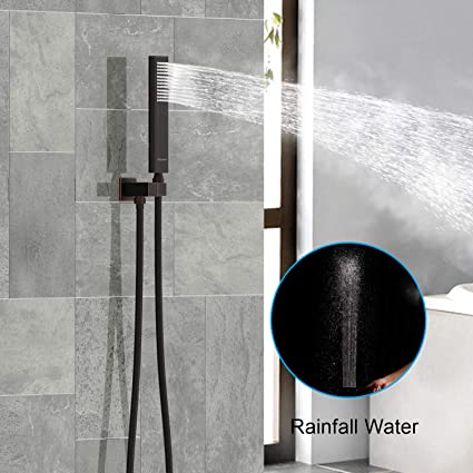 EMBATHER Shower System with Waterfall Tub Spout-12 Inches Oil Rubbed Bronze Rain Shower Tub Faucet Set with Square Showerhead and Handhled-Eco-Friendly(Valve included)