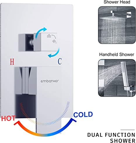 EMBATHER California Certified- 10 / 12 Inches Polished Chrome Shower System with Pressure Balabce Valve and Trim