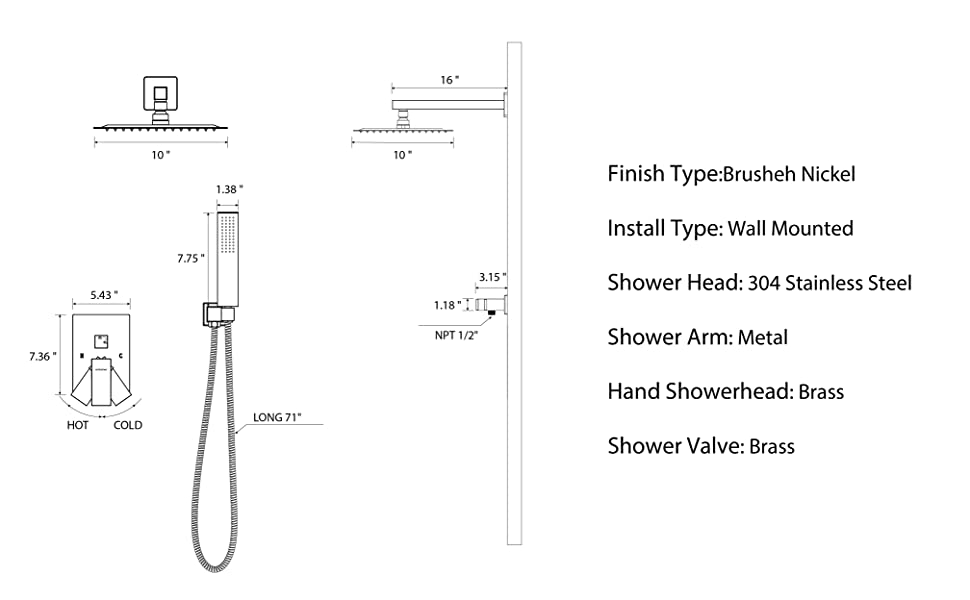 EMBATHER California Certified- 10 / 12 Inches Polished Chrome Shower System with Pressure Balabce Valve and Trim
