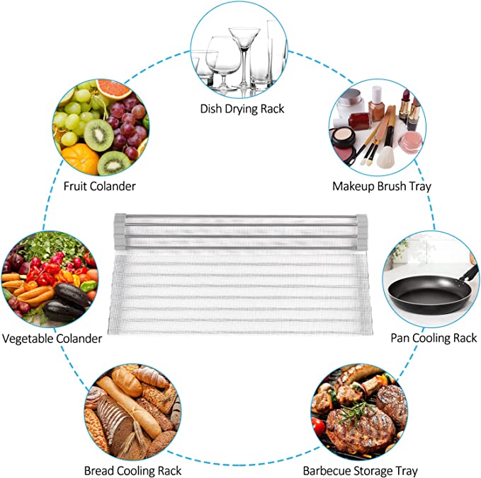 EMBATHER Roll Up Dish Drying Rack Over The Sink, 17.8'' x 11.8'' Dish Drying Rack for Kitchen Counter, Multipurpose Stainless Steel Foldable Kitchen Drainer Rack with Silicone Mat, Anti-Slip, Gray