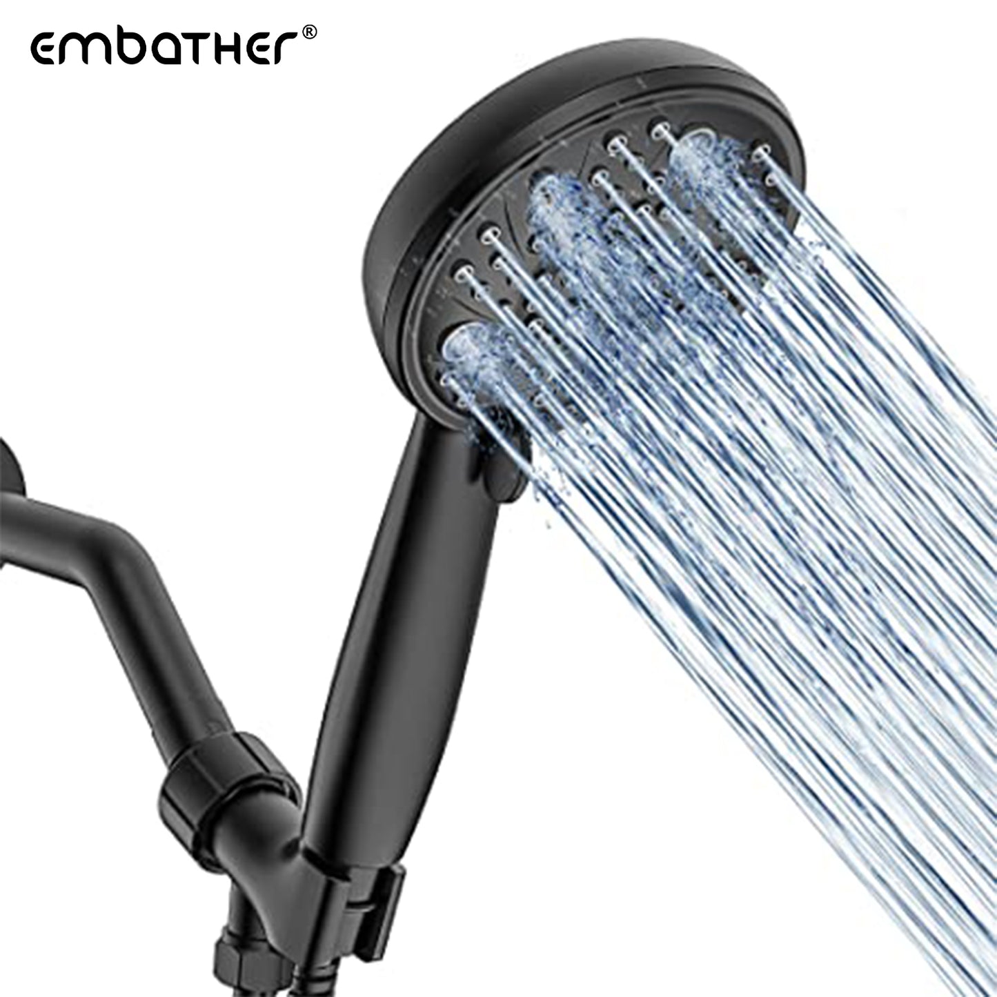 EMBATHER High Pressure Shower Head, 8 Function Shower Head with Shower Spray, 4.7 Inch Handheld Showerhead with 71 Inch Stainless Steel Hose and Adjustable Bracket for Bathroom,Black