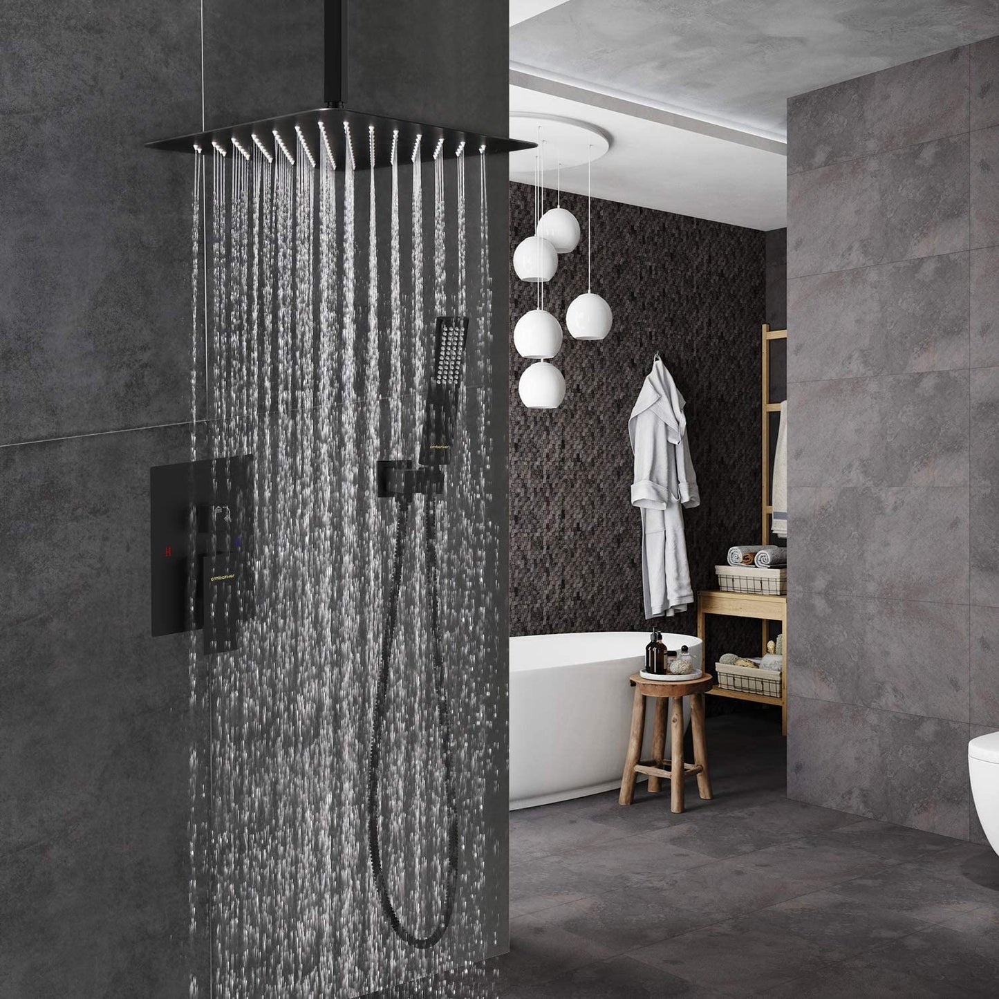 EMBATHER Black Shower System- 12 Inches Ceiling Shower Faucet Set with Square Rain Shower Head and Handheld-Shower Combo Set for Bathroom-Easy Installation- Eco-Friendly(Valve included)