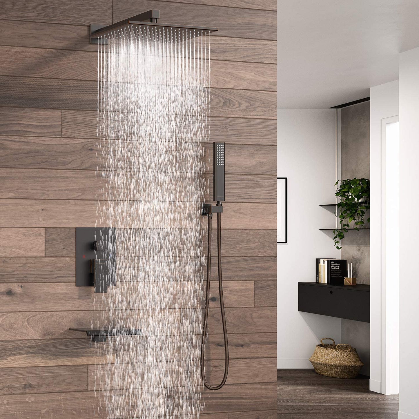 EMBATHER Shower System with Waterfall Tub Spout-12 Inches Oil Rubbed Bronze Rain Shower Tub Faucet Set with Square Showerhead and Handhled-Eco-Friendly(Valve included)