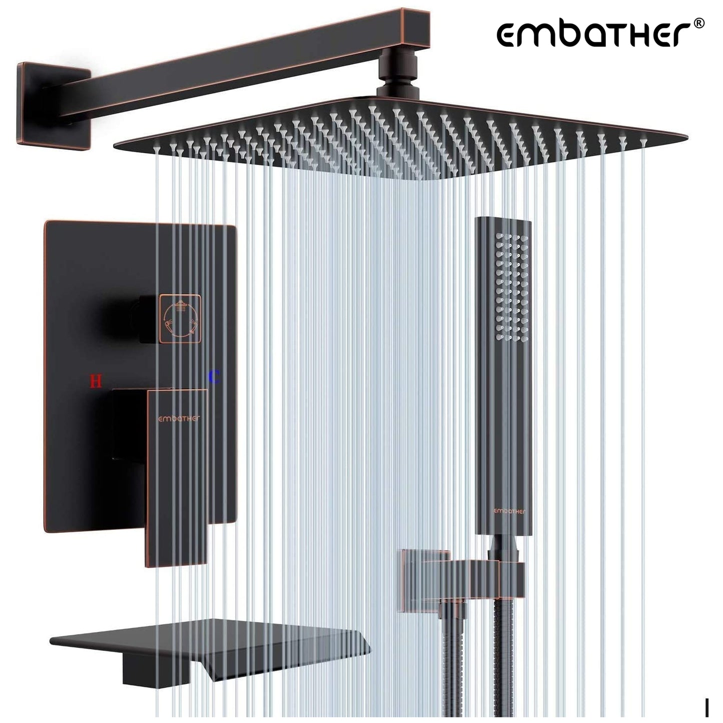 EMBATHER Shower System with Waterfall Tub Spout-12 Inches Oil Rubbed Bronze Rain Shower Tub Faucet Set with Square Showerhead and Handhled-Eco-Friendly(Valve included)