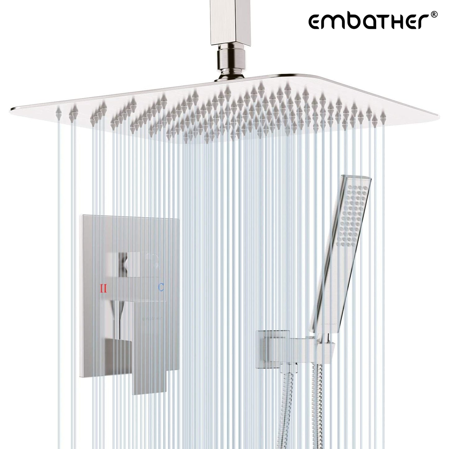 EMBATHER Shower System-Brushed Nickel Ceiling Shower Faucet Sets with 12 Inches Antrust-Coating Rain Shower Head and Handheld-Shower Combo Set for Bathroom- Eco-Friendly(Valve included)