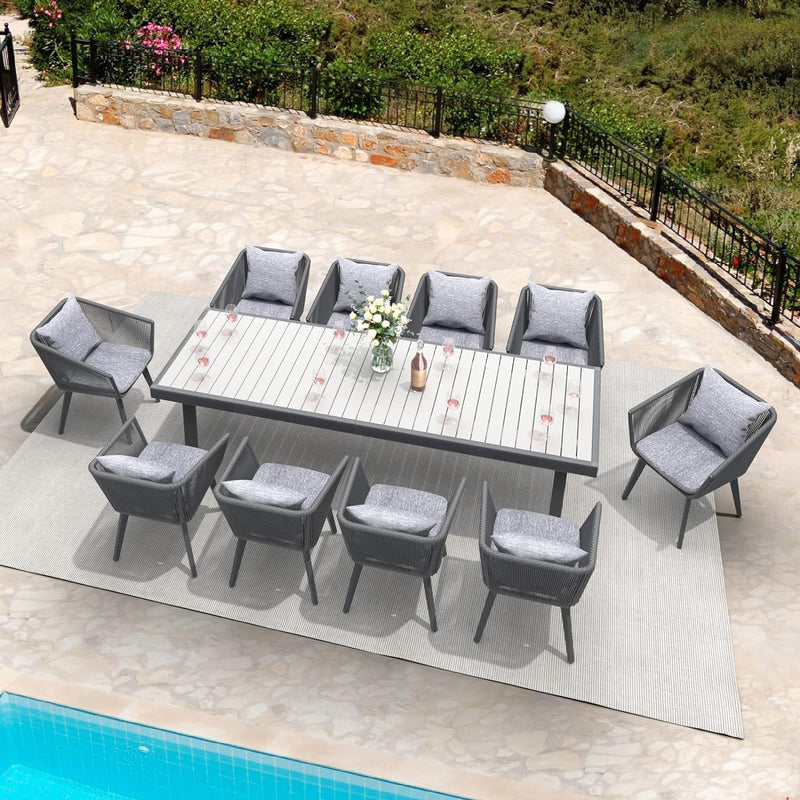 Astomi 7 Pieces Outdoor Patio Dining Set, Rattan Patio Furniture Table and Chairs for 6 with Cushion, for Backyard, Balcony, Garden (Light Grey)