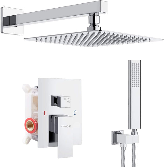EMBATHER Shower System Chrome Shower Faucet Sets with 12" Rain Shower Head For Bathroom