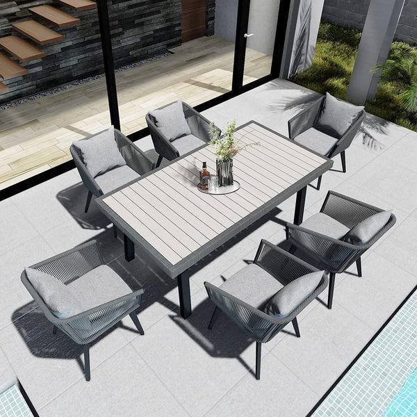 7 Pieces Patio Dining Set for 6 - All Weather Outdoor Dining Sets, All in One Outdoor Table and Chairs, Wicker Outdoor Patio Furniture Sets with Cushions and Pillows, Grey