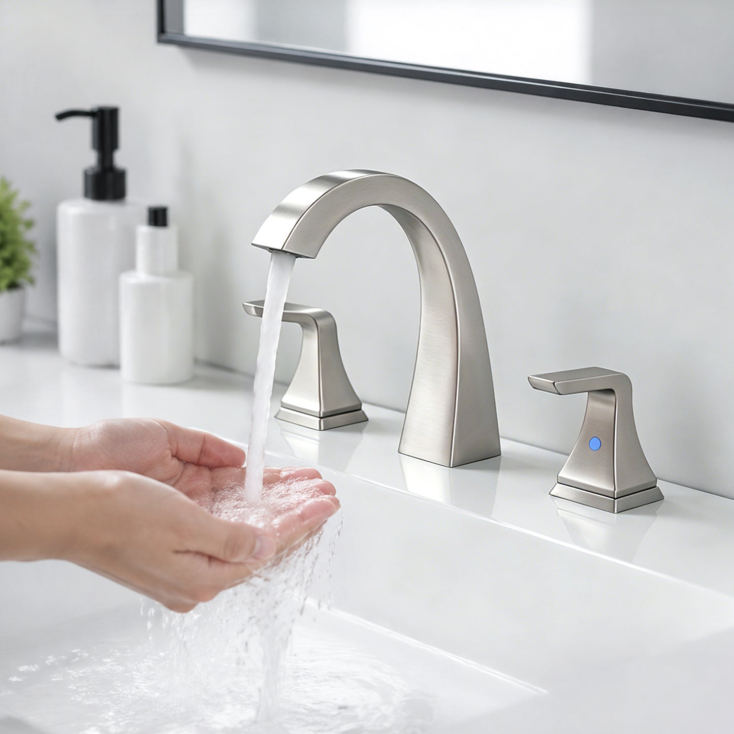 EMBATHER 8-Inch Widespread Bathroom Sink Faucet, 3-Hole Double Handle Vanity Faucet with Pop-Up Drain and Water Supply Lines, Modern Bathroom Faucet for Bathroom Sink and RV, Brushed Nickel
