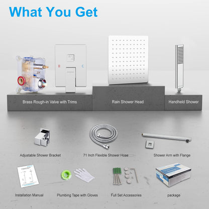 EMBATHER Shower System Chrome Shower Faucet Sets with 12" Rain Shower Head For Bathroom