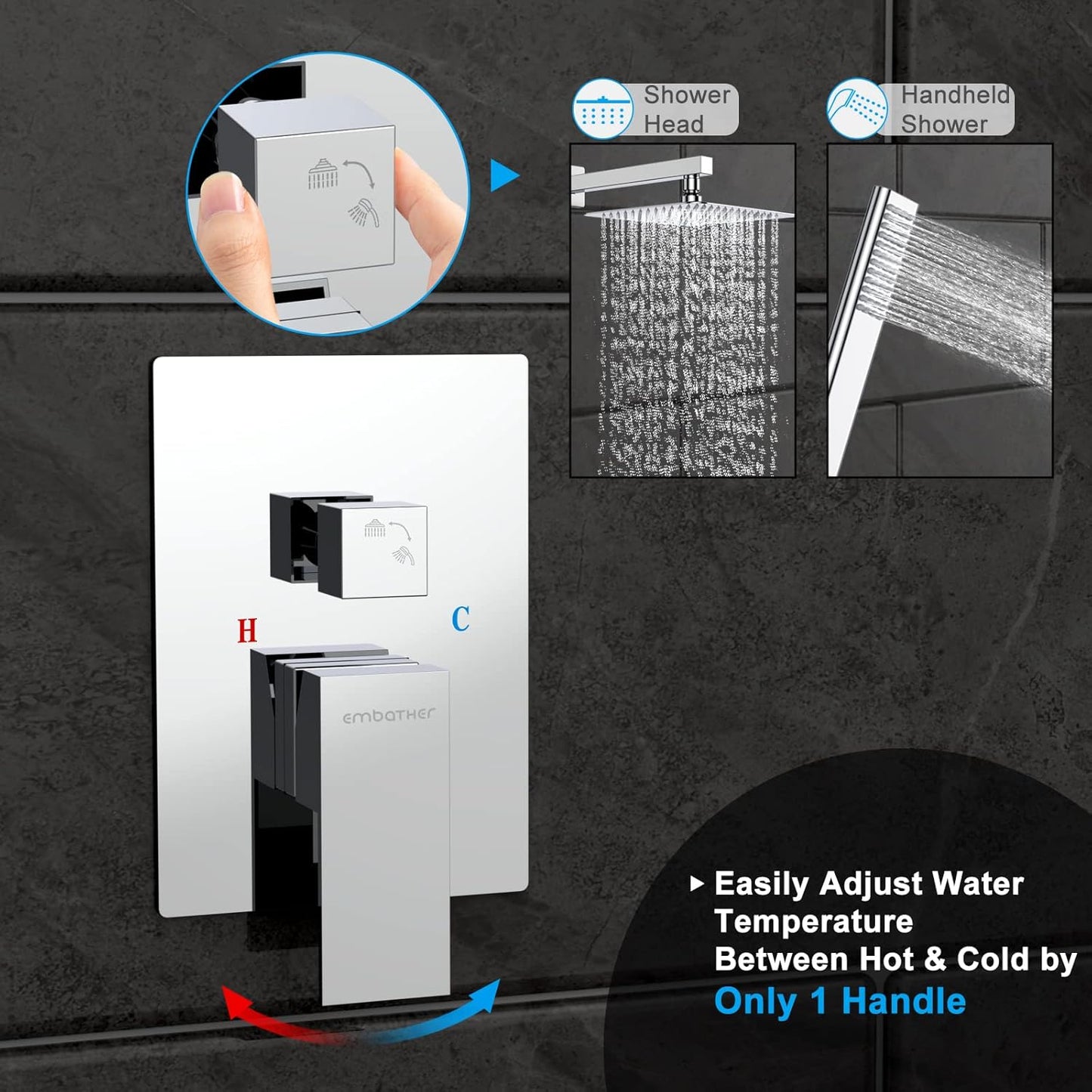 EMBATHER Shower System Chrome Shower Faucet Sets with 12" Rain Shower Head For Bathroom