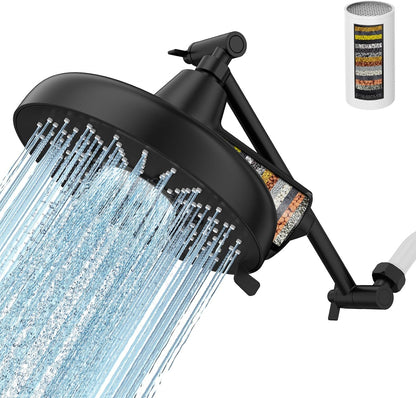 Filtered Shower Head with Extension Arm - EMBATHER 8 Inch Hign Output Showrhead with 3 Spray Settings, 18 Stage Filter for Hard Water, 11" Adjustable Arm, Brass Swivel Ball Jiont
