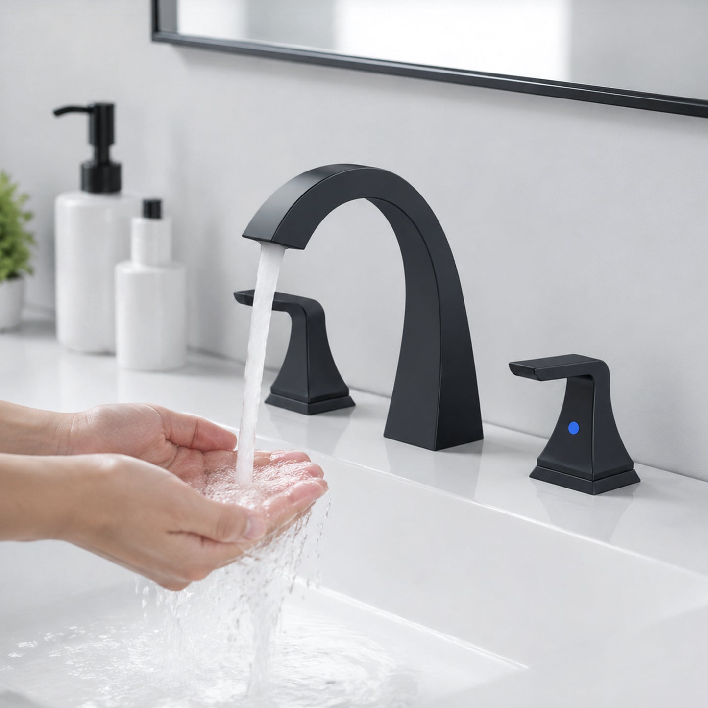 EMBATHER 8-Inch Widespread Bathroom Sink Faucet, 3-Hole Double Handle Vanity Faucet with Pop-Up Drain and Water Supply Lines, Modern Bathroom Faucet for Bathroom Sink and RV, Matte Black