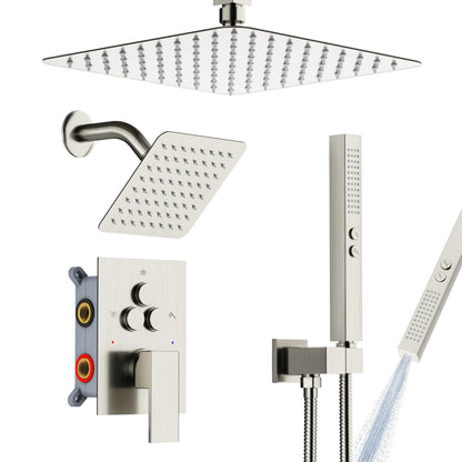 Shower Faucet Set Shower System - EMBATHER Push Button Diverter Dual Shower Faucet Valve Kit with Rain Ceiling Mount 10 Inch Shower Head 6 Inch Wall Mount, 2 in 1 Handheld for Couple