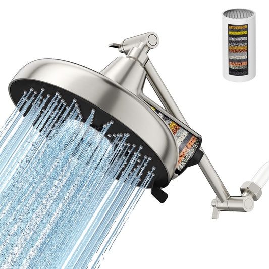 Filtered Shower Head with Extension Arm - EMBATHER 8 Inch Hign Output Showrhead with 3 Spray Settings, 18 Stage Filter for Hard Water, 11" Adjustable Arm, Brass Swivel Ball Jiont