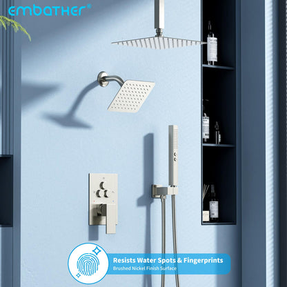 Shower Faucet Set Shower System - EMBATHER Push Button Diverter Dual Shower Faucet Valve Kit with Rain Ceiling Mount 10 Inch Shower Head 6 Inch Wall Mount, 2 in 1 Handheld for Couple