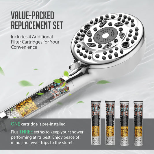 Filtered Shower Head with Handheld, 9-Spray Mode High Pressure Detachable Shower Head with Filters for Hard Water - Remove Chlorine (Chrome, 4 Filters)
