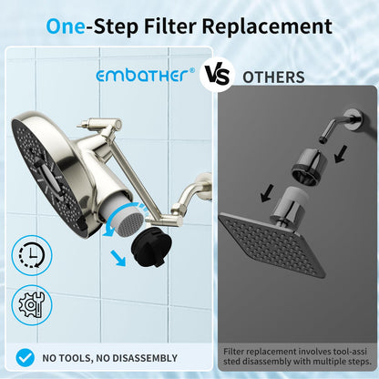 Filtered Shower Head with Extension Arm - EMBATHER 8 Inch Hign Output Showrhead with 3 Spray Settings, 18 Stage Filter for Hard Water, 11" Adjustable Arm, Brass Swivel Ball Jiont