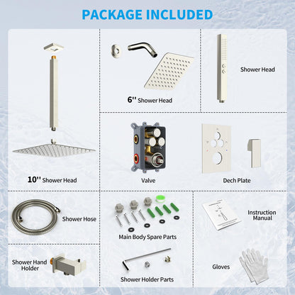 Shower Faucet Set Shower System - EMBATHER Push Button Diverter Dual Shower Faucet Valve Kit with Rain Ceiling Mount 10 Inch Shower Head 6 Inch Wall Mount, 2 in 1 Handheld for Couple
