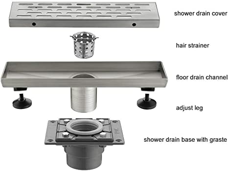 EMBATHER 12 Inches Linear Shower Drain with Removable Quadrato Pattern Grate, CUPC Certified, 304 Stainless Shower Drain and Shower Drain Base Included Hair Strainer and Leveling Feet, Brushed Nickel