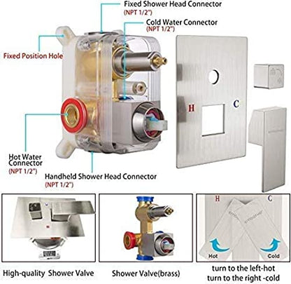 EMBATHER Shower System-Brushed Nickel Shower Faucet Set for Bathroom- State-of-the-art Air Injection Technology- Upgrade 12" Square Rain Shower Head with Anti-rust Coating