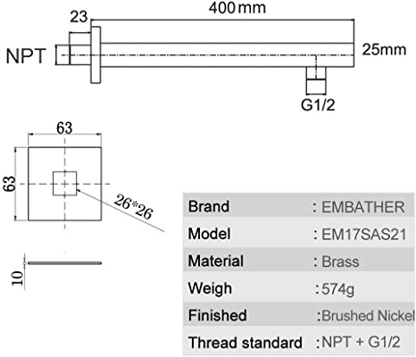 EMBATHER Extra Long and Thicken Brass 16 Inches Shower Extension Arm,Brushed Nickel Universal Shower Straight Wall-Mounted Shower Arm with Flange for 10''/12''/16''/18" Bathroom Rainfall Showerhead