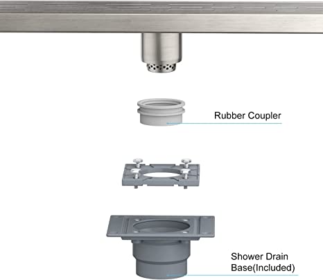 EMBATHER 28 Inches Linear Shower Drain with Shower Drain Base, CUPC Certified, 304 Stainless Steel Bathroom Floor Drain Included Removable Square Cover, Hair Strainer and Leveling Feet, Brushed Nickel