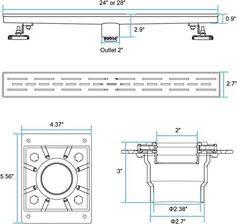 EMBATHER 28 Inches Linear Shower Drain with Shower Drain Base, CUPC Certified, 304 Stainless Steel Bathroom Floor Drain Included Removable Square Cover, Hair Strainer and Leveling Feet, Brushed Nickel