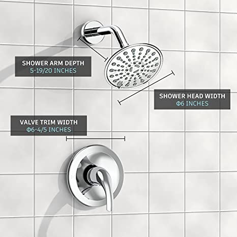 EMBATHER Shower Faucet with Valve, Shower Faucets Sets Complete with 6 Spray Touch-Clean Shower Head, Single Function Shower Trim Kit, Polished Chrome