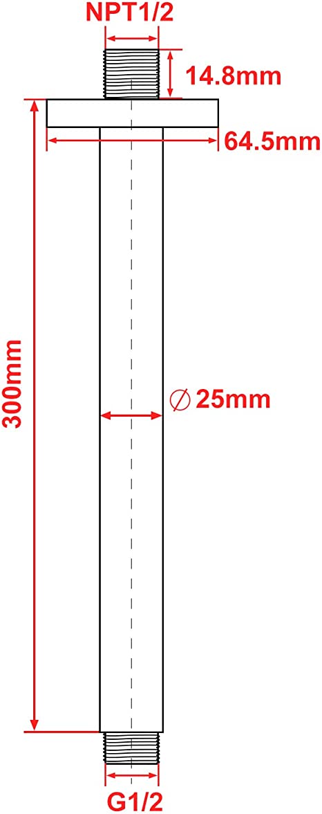 EMBATHER Shower Arm Ceiling Mount Square 12" Rain Shower Head Arm with Flange, US Standard NPT1/2" Chrome Finished