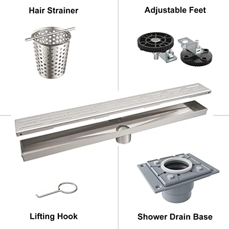 EMBATHER 24 Inches Linear Shower Drain with Removable Pattern Grate, CUPC Certified, 304 Stainless Steel Floor Drain and Shower Drain Base Included Hair Strainer and Leveling Feet, Brushed Nickel